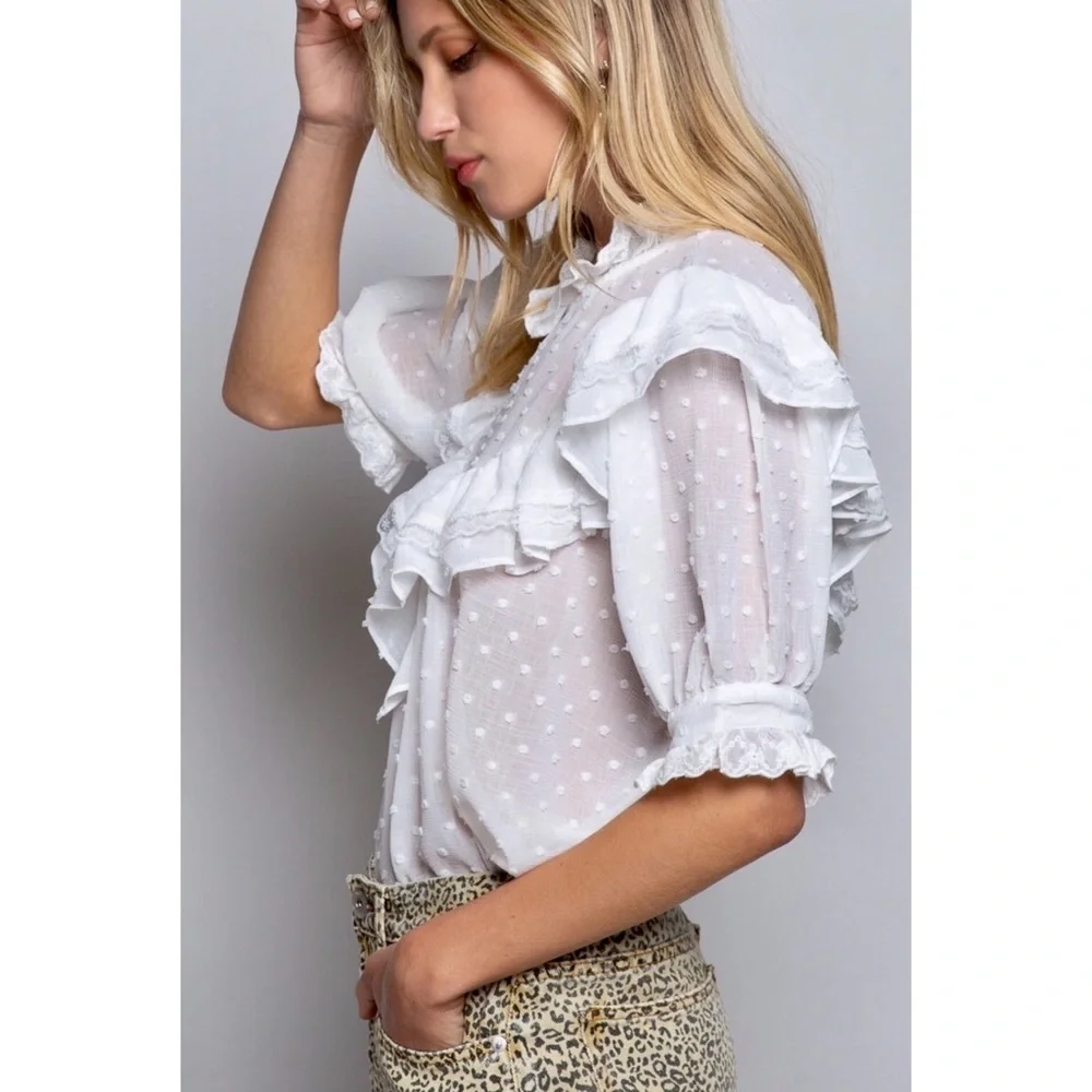 POL Swiss Dot Ruffle Mock Neck Blouse Half Sleeves Relaxed Fit - Picture 8 of 11